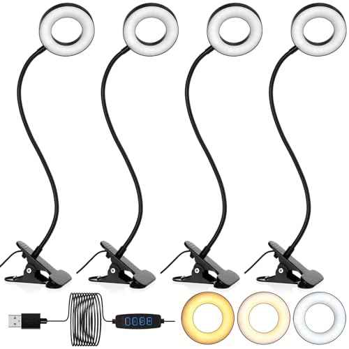 4 Pcs Clip on Light 48 LEDs USB Ring Light with 3 Color Modes and 10 Brightness Dimmable, Eye Protection, 360 Flexible Neck for Desk, Headboard, Reading