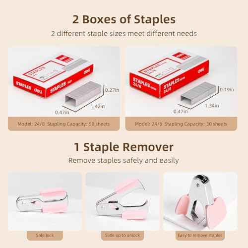Deli Stapler, Effortless Staplers for Desk, 40-50 Sheet Capacity Heavy Duty, One Touch, No Effort, Easy to Load, with 1500 Staples & Staple Remover, 3 Pack, 3 Colors
