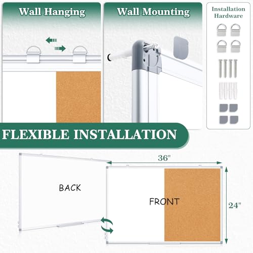 AMUSIGHT 36x24 Silver Double Sided Magnetic White & Cork Board Combo
