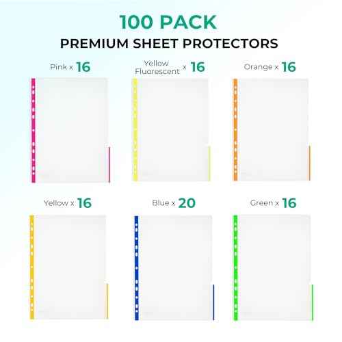 100 Pack, 8.5 x 11 Plastic Sheet Protectors, Premium Heavy Duty, Color-Coded Edges, Top & Side Loading Plastic Sleeves, Page Protectors for 3 Ring Binder