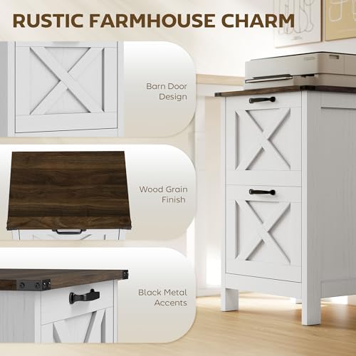 HOMCOM 2 Drawer Vertical File Cabinet with Silent Slides, Rustic Farmhouse Filing Cabinet with Barn Doors for A4/Letter Size, Printer Stand with Storage for Home Office, Distressed White