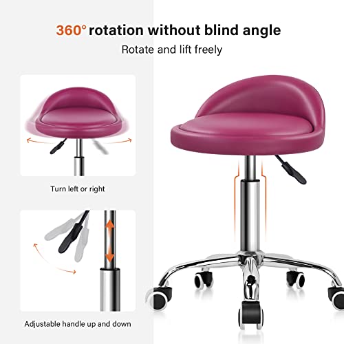 KKTONER PU Leather Round Rolling Stool with Back Rest Height Adjustable Swivel Drafting Work SPA Medical Task Chair with Wheels (Rose red)