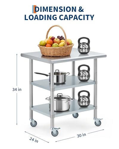 Garvee 24x30x34 inch Stainless Steel Work Table with Casters & 2 Shelves (Variation: Table With Casters&2 Shelves / 24x30inch)