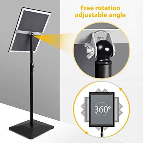 11"x17" Pedestal Poster Sign Holder Stand with Heavy Duty Solid Steel Base, Adjustable Floor Standing Sign Holder for Vertical and Horizontal View Sign Super Stable Displayed Stands, Black