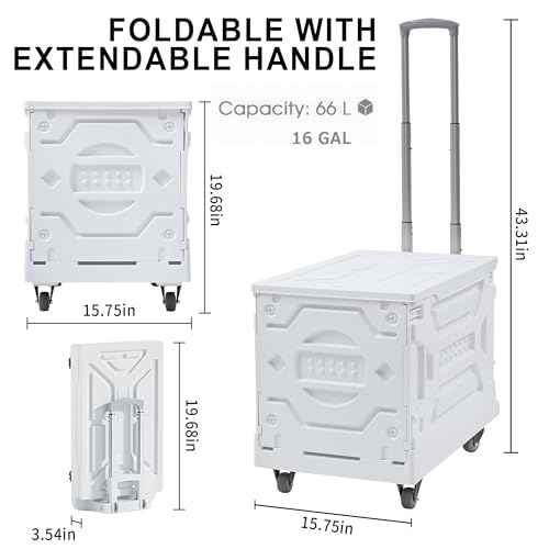 VECELO Foldable Shopping Cart with Wheels, Collapsible Rolling Crate for Groceries, Folding Storage Box with Handle, Three Modes of Use, Ideal for Teacher, Trip, Outdoors, Etc., 16GAL, White