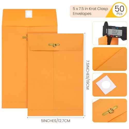 Teling 50 Pcs 5 x 7.5 Manilla Envelopes Clasp Kraft Catalog with Closure for Storing Mailing 28 lb Kraft Envelope Paper for Office Document School Business Home