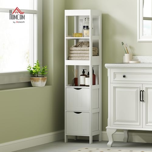 HOMCOM Narrow Bathroom Storage Cabinet, Bathroom Floor Cabinet with 2 Drawers & 3 Open Shelves, Freestanding Slim Storage Organizer for Small Spaces, White