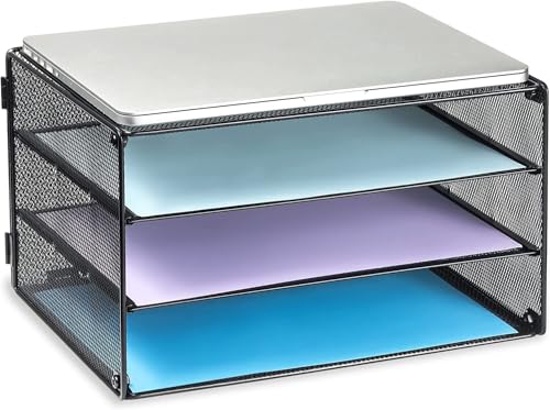DALTACK Black 3-Tier Letter Paper Organizer with Sliding Mesh Trays - Space Saving Desk Storage