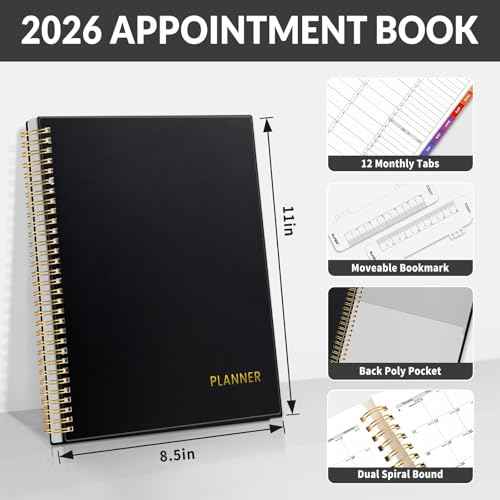 SUNEE 2026 Appointment Book, Quarter-Hourly, Weekly & Monthly - from January 2026 - December 2026, 8.5"x11" Weekly Planner, Flexible Cover, Note Pages, Pockets, Bookmark, Spiral Binding, Black