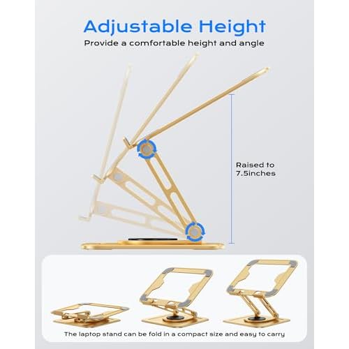 Adjustable Laptop Stand, Computer Stand with 360 Rotating Base, Ergonomic Laptop Riser Mount for Desk Foldable Protable Computer Desk Fits with MacBook Pro Air (10-16") - Gold