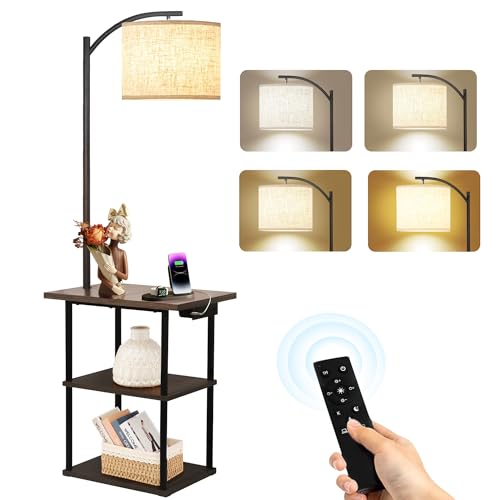 PESRAE Floor Lamp with Remote, Adjustable 3000K-6000K Colors & Brightness Bulb, End Table with Charging Station(USB & Type-C & AC Port), Modern Shelves Side Table for Bedroom, Living Room, Office