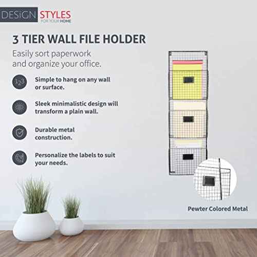 Designstyles Three Tier Wall File Holder ? Durable Pewter Metal Rack with Spacious Slots for Easy Organization, Mounts on Wall and Door for Office, Home, and Work