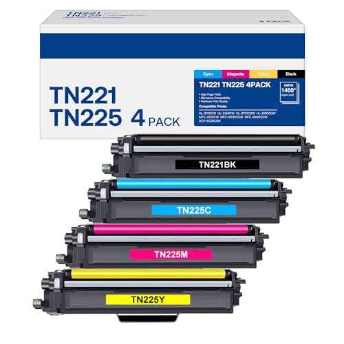 TN221 TN225 Toner Cartridge High Yield Replacement for Brother TN-221 TN-225 Compatible with MFC-9130CW HL-3170CDW MFC-9340cdw (1B, 1C, 1M, 1Y, 4 Pack)