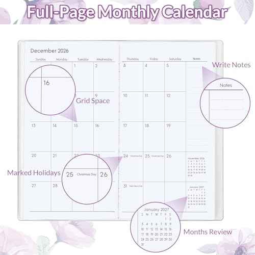 Pocket Calendar 2026-2027, Monthly Purse Planner - 6.7" x 3.7" - Runs from January 2026 Until December 2027, Floral Pocket Calendar with PVC Cover for Planning, Organizing and Office