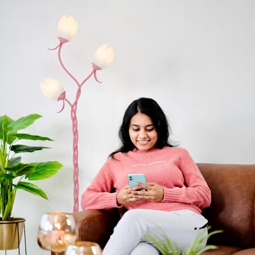 HMVPL Pink Flower Floor Lamp for Bedroom, 3-Light Floral Floor Lamp with 3 LED 5W Blubs, Foot Switch, Cute Girls Standing Lamp with Acrylic Shade, Gooseneck Lotus Flower Tall Lamp for Living Room Kids