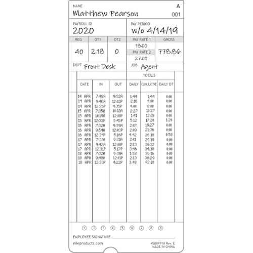 Nile Products - Authorized Time Cards for Nile Products 4500PP Compatible [ 4500PP10 ] Electronic Time Clock, Double Sided Time Sheets (3.37 x 7.37 Inches) - 100 Time Cards Per Package