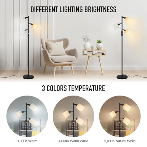 Floor Lamps for Living Room, Standing Lamp, 3-Light Tree Floor Lamp with Lampshade, Reading Floor Lamp with Rotary Switch, 63" Tall Lamp, Modern Pole Lamp for Bedroom Office Kids Room (5W LED Bulbs)