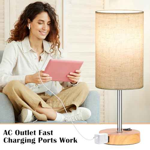 ZJOJO Table Lamp for Bedroom Set of 2, Bedside Small Lamps with 3 Way Dimmable Rocker Switch & AC Outlet, Nightstand Desk Lamp with Flaxen Fabric Shade Woodgrain Base for Living Room Home Decor Lights