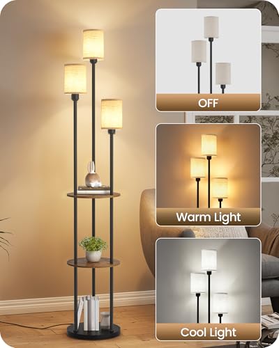 GOEBLESON Rustic Brown Beige 70.9-inch Floor Lamp with Shelves & Linen Shades