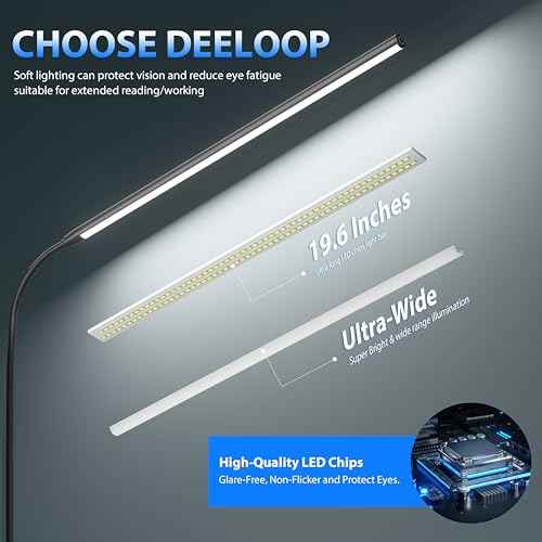 deeloop LED Clip-on Reading Light, 20" Ultra-Long Chips Bright Desk Lamp, 10%-100% Stepless Dimming & 3 Color Modes Office Lamp with 360 Gooseneck Memory Function Clamp Light