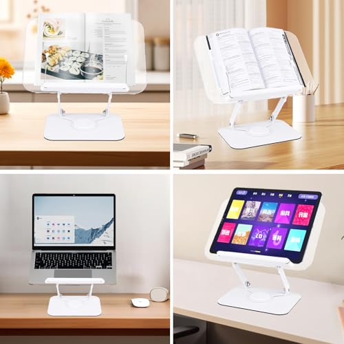 ASIEIT Book Stand for Reading, Acrylic Adjustable Book Holder with 360¡Æ Rotating Bases & Elastic Page Clips, Foldable Desktop Riser, Multifunctional Display Stand for Bible, Laptop, Recipe, Textbook