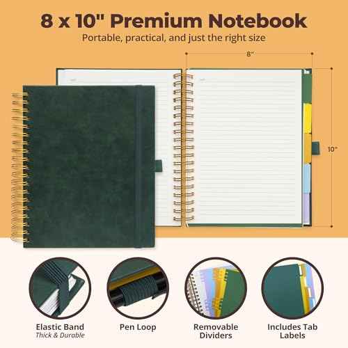 Hardcover Leather Lined Spiral Notebook 8x10" with Removable Dividers - Green - 300 Pages 5 Subject College Ruled Notebook for Work with Tabs, Pockets, and Pen Loop for Note Taking, Large Journal
