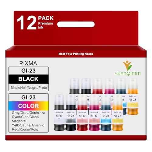 GI-23 Ink Refill Bottles GI23 (12-Pack,2BK/2C/2M/2Y/2R/2GY) Replacement for Canon GI-23 Refill Ink GI23 for Canon PIXMA G620 Refill Ink Pixma G520 Printer (Black,Cyan,Magenta,Yellow,Red,Gray)