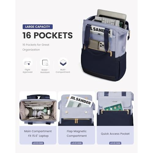 LOVEVOOK Laptop Backpack for Women, 15.6 Inch Work Laptop Bag with USB Port, Fashion Teacher Nurse Backpack Purse, Waterproof Travel Computer Backpack with Organizer Bag, 2PCS, Grey Blue-Ink Blue