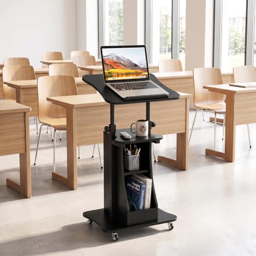 Tangkula Mobile Lectern Podium with Tilt-Top Laptop Cart, Black 20 x 16 x 44