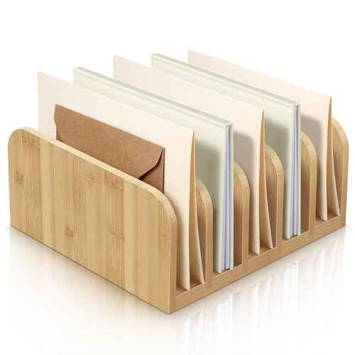 Desk Mail Organizer Bamboo File Holders Countertop Paper Organizer Letter Sorter 5 Compartments Envelope Holders with Anti Slip Mat for Home Office School Desktop Document Storage