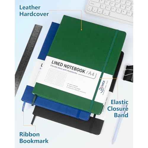 Dynta A4 Lined Journal Notebooks 3 Pack 8.5" x 11" Leather Hardcover Journals 200 Pages/100 Sheets Large Notebooks for Work, Journaling, Note Taking (Black, Green, Blue)