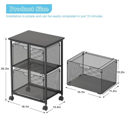 Letter/Legal Rolling File Cart with 2 Storage Drawers, Under Desk Storage, Vertical Filing Cabinet for Home Office, Hanging File Folders Organizer, Mobile Utility Cart Printer Stand, Black