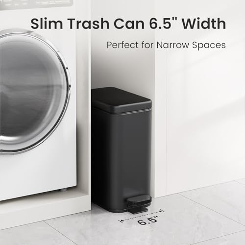 Cesun Small Bathroom Trash Can with Lid, 2.6 Gallons, Black, Soft Close