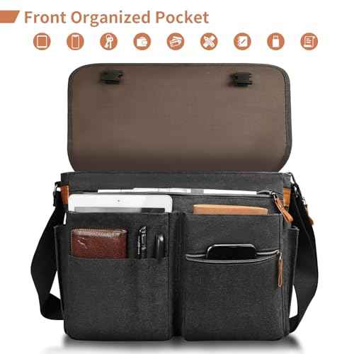 ESTARER Messenger Bag 17.3 Inch, Mens Computer Bag Water-resistant Canvas, Laptop Bag Satchel Briefcase for Teacher/College/Work/Travel, Dark Grey