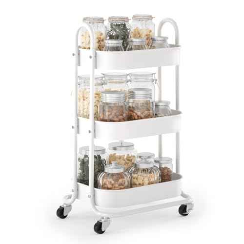 EAGMAK 3 Tier Rolling Cart, Round Metal Utility Cart with Lockable Wheels, Storage Cart Organizer Trolley with Mesh Shelves for Living Room, Kitchen, Bedroom, Office(White)