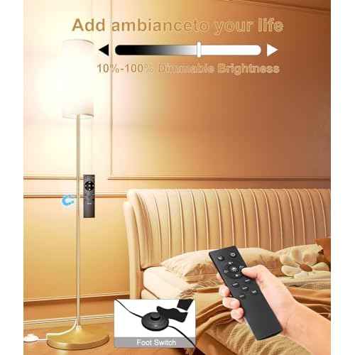 luckystyle LED Floor Lamp for Living Room, Dimmable Standing Lamps with Foot Switch,Remote Custom Color Temperature Gold Pole Lamp with Lampshade,12W Led Bulb Tall Lamps for Bedroom Office Kid Room