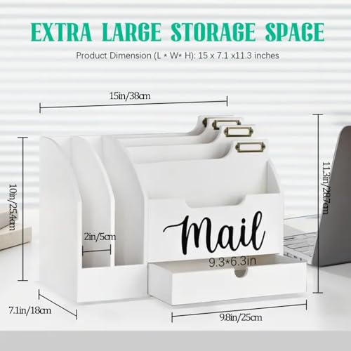 Wood Desktop Mail Organizer, Fantasyon Mail Organizer Countertop with 6 Compartments and Drawer, Wood Desk Drawer Organizer for File Letter Paper Folder, White