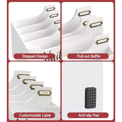 Mail Organizer Countertop, Desktop Mail Basket with 4 Slots, Wooden Mail Paper Holder, File Holders for Document Envelopes and Bills, Large Mail Holder and Classroom Mailbox for Office Home