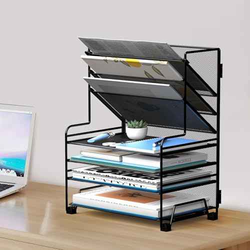 4-Tier Paper Organizer + 3-Pocket File Holder + Drawer + Pen Holders, Desktop File Organizers Paper Tray for Office Supplies School Classroom Organization (Black, No Drawer & Pen Holder)