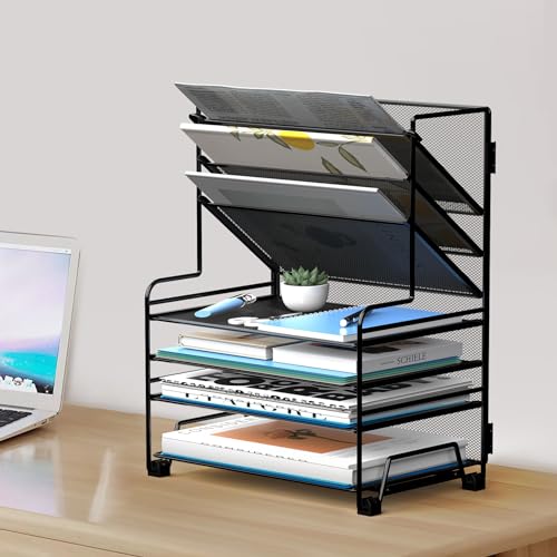 MINDEPOT 4-Tier Desk Paper Organizer with 3-Pocket File Holder - Black (No Drawer & Pen Holders)