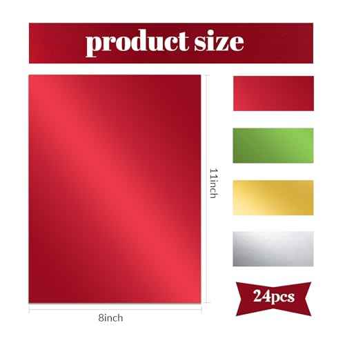 24 Sheets Christmas Metallic Cardstock Paper 8.5 X 11", 92lb Thick Gold Foil Cardstock Shiny Mirror Paper Glitter Paper for Crafts Scrapbook Card Making Invitations (Red Green Gold Silver)