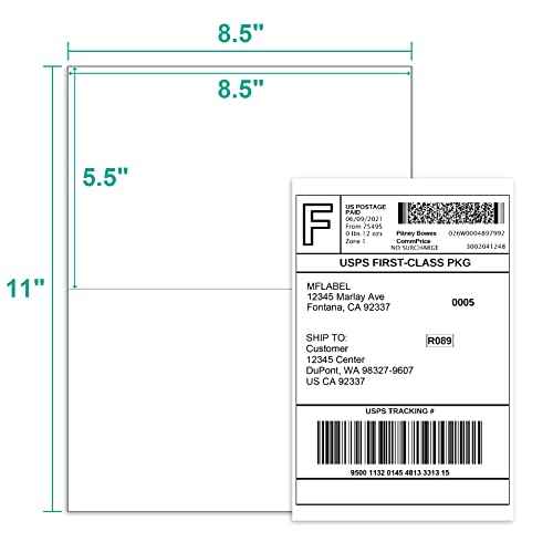 MFLABEL Half Sheet Shipping Labels - 200 Self Adhesive Sticker Sheets for Laser & Inkjet Printers, Waterproof & Smudge-Free, with 12 Free Fragile Labels for Packaging, Shipping and Crafting