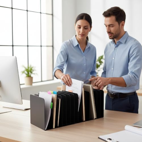 Suzile 15-Compartment Metal Desktop File Organizer Black 16" Vertical Sorter