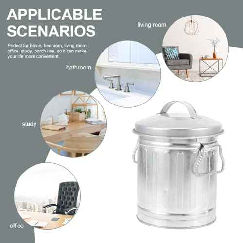 Zerodeko Cute Traditional Mini Metal Trashcan On The Desktop, Decorative Galvanized Bucket, Multifunctional Organizer & Flower Pot for Home, Office, Bathroom, and Cabin (Silver, 5.1" x 7.5")