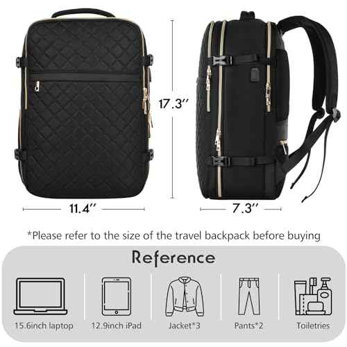 MOMUVO Travel Backpack for Women, Carry On Backpack Airline Approved with 3 Packing Cubes, 15.6 Inch Laptop Backpack with USB Charging Port, Casual Daypack for Weekender Business College, Black