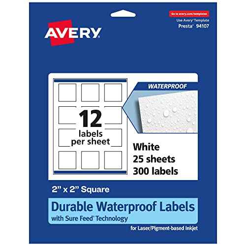 Avery Durable Waterproof Square Labels, Sure Feed Technology, 2" x 2", 300 Total, Oil and Tear-Resistant Waterproof Labels, Print-to-The-Edge, Laser/Pigment-Based Inkjet Printable