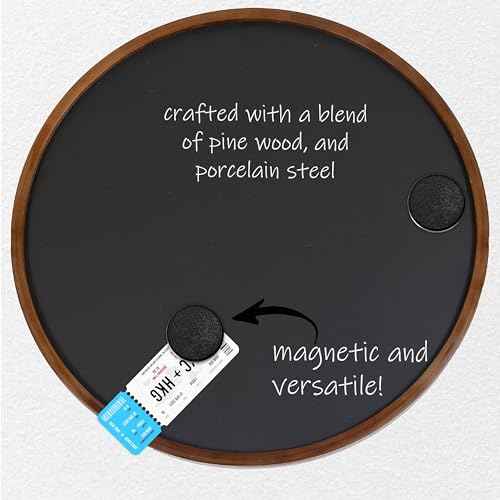 Sunnydaze Round Magnetic Chalkboard for Wall with Pine Frame - Includes Chalk and Eraser - Rustic Brown