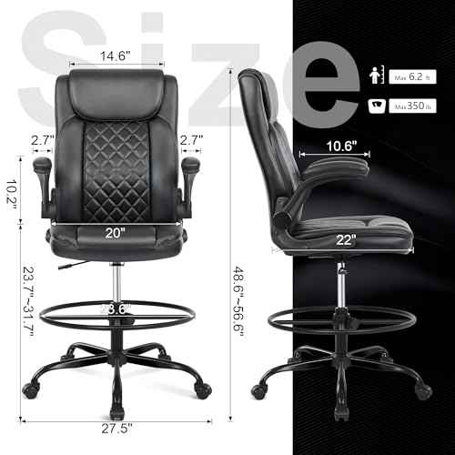 Misolant Drafting Chair, Tall Office Chair for Standing Desk, Standing Chair with Adjustable Height and Flip-up Armrest, Leather Drafting Chair, High Office Chair for Counter Height Desk