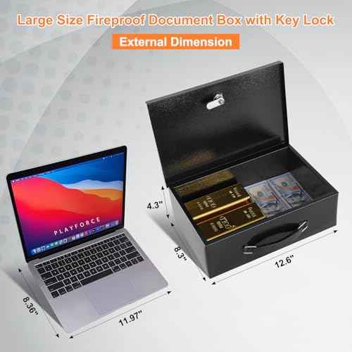 KYODOLED Fireproof Document Box with Key Lock, Small Lock Boxes for Personal Items, Fire and Water Resistance, Fireproof Safe Box for Documents, Jewelry, Passport, Cash, 12.6'' x 8.3'' x 4.3'' Black