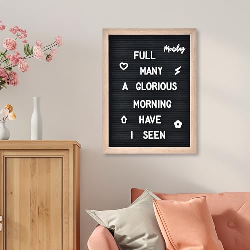Felt Letter Board with 402 Letters, Numbers & Symbols - 12 x 16 inch Large Changeable Message Board with Wooden Frame Wall Mount Hook, 2 Canvas Bags, Wood Stand (Black)